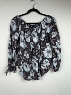 Off-Shoulder Floral Peasant Blouse - Black with Light Blue Flowers